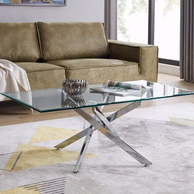 FurnitureboxUK Leonardo Rectangular Glass Coffee Table with Metal Angled Starburst Legs in Silver