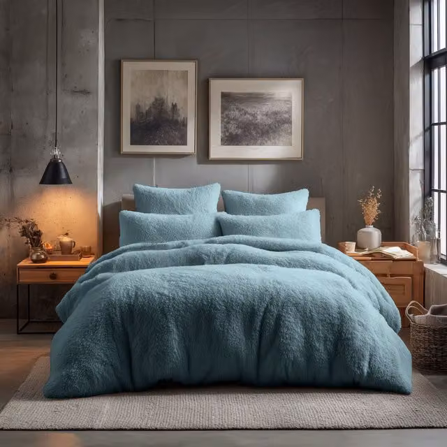 Home Sweet Home UK Teddy Bear Fleece Duvet Cover and Pillowcase Set in Blue, Super King (Duvet: 200 x 200 cm, Pillowcase: 50 x 75 cm)