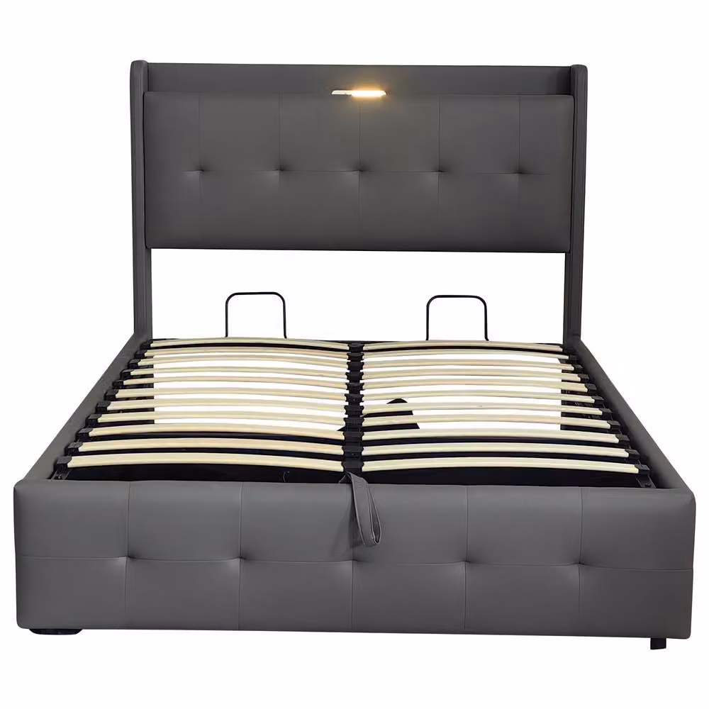 ModernLuxe Grey Upholstered King Size Ottoman Bed with Storage Headboard, LED Light and USB Charging Port – 7