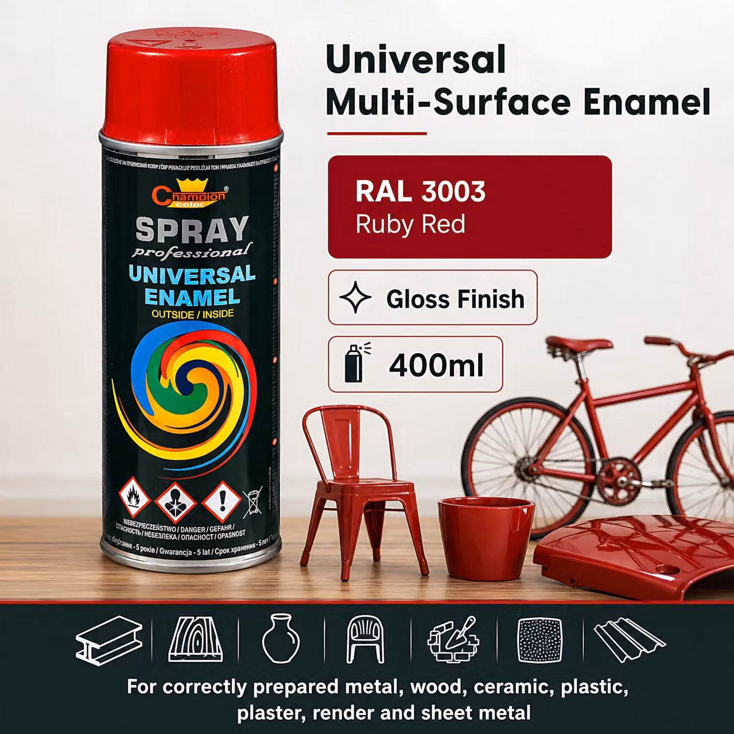 Sola Universal Multi-Surface High Gloss Spray Paint, Ruby Red (RAL 3003), 2 x 400ml – 3