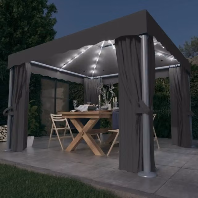 Berkfield Home Anthracite Gazebo with Curtains and LED String Lights, W 300 cm x D 300 cm – 1