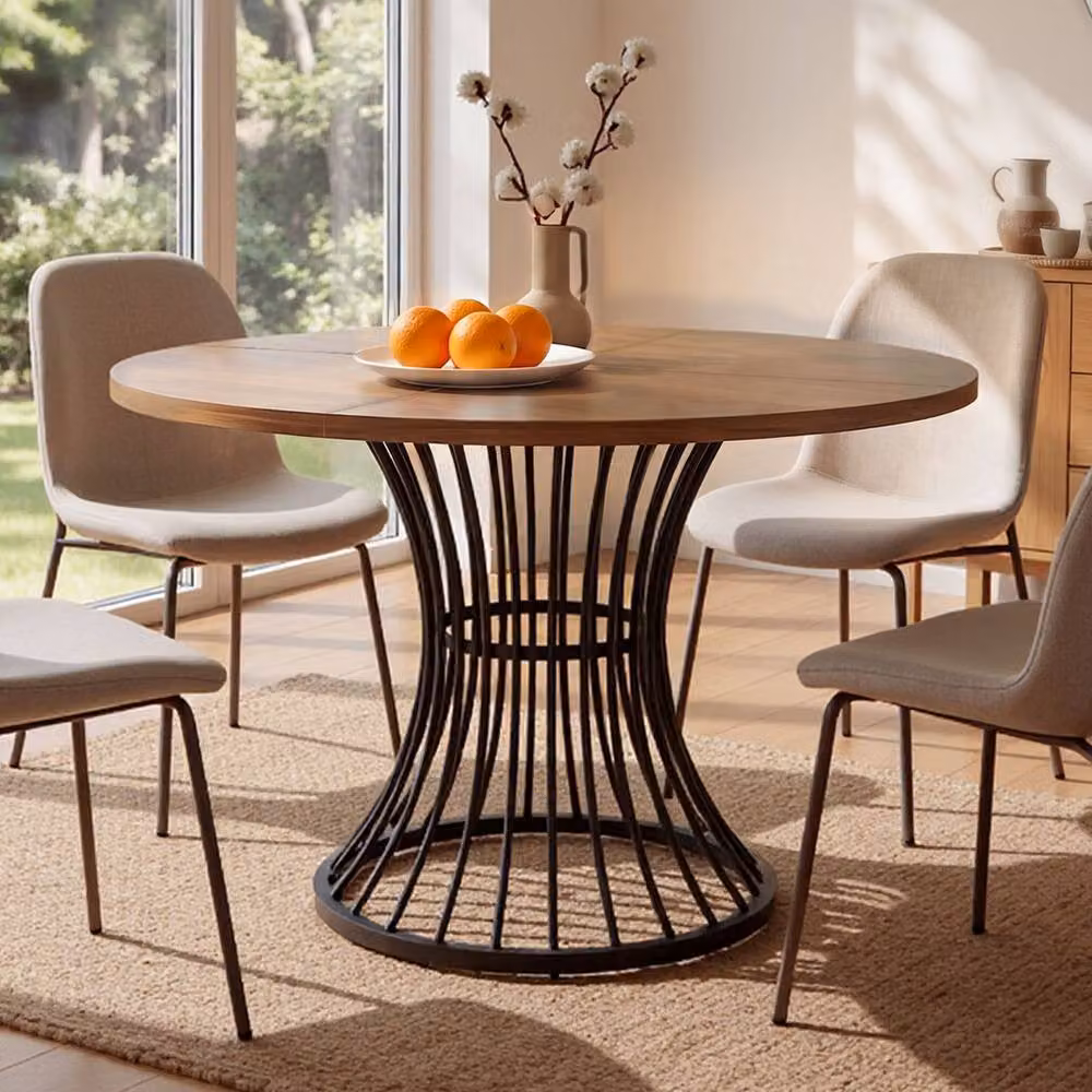 Levede Round Dining Table in Brown with Metal Base for 4-6 People, Diameter: 120 cm – 3