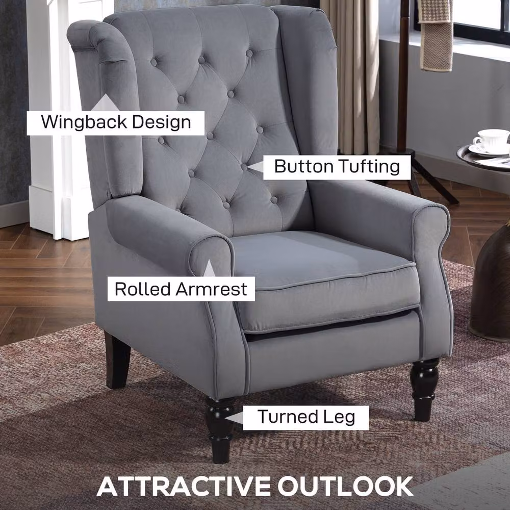 HOMCOM Retro Wingback Accent Armchair in Grey Velvet with Solid Wood Frame – 3