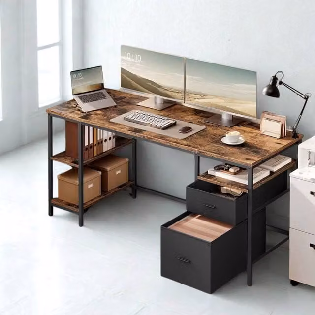 Pirlo Plush Industrial Computer Desk with Storage Shelves, Brown, W: 140 cm, D: 60 cm, H: 50 cm