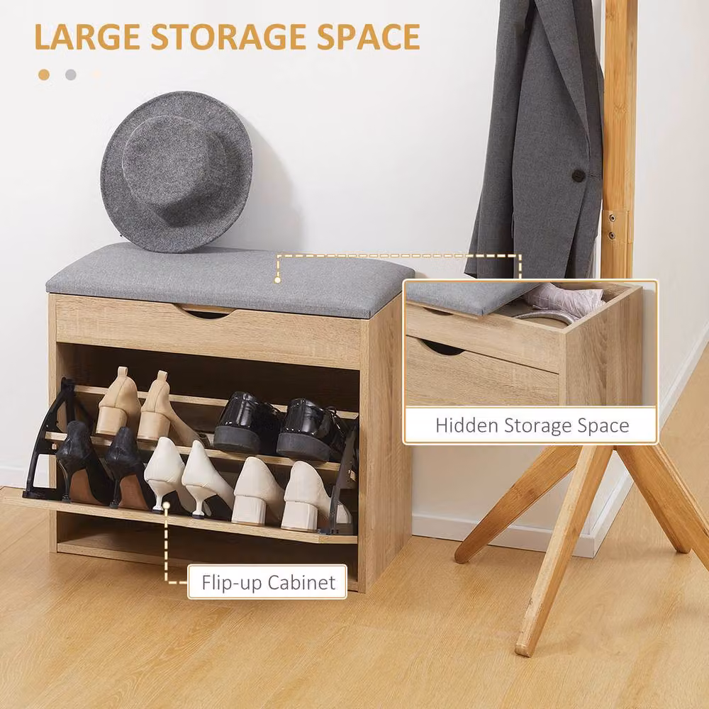 HOMCOM Upholstered Shoe Storage Bench with Flip-up Cabinet in Beige or Grey – 2