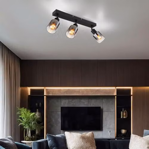 Globo Lighting Hubertus Ceiling Spotlight Bar in Black with Smoky Transparent Glass Shades, 3x E14 – 4