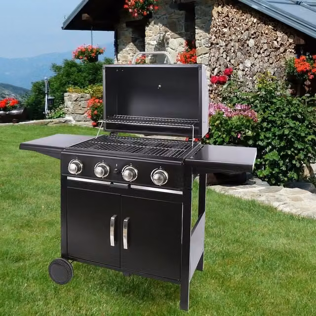 Livingandhome Black Outdoor Gas BBQ Grill Trolley with Side Shelf, Warming Rack and Thermometer, Width: 130 cm