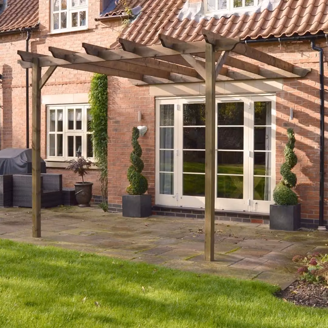 Rutland County Garden Furniture Ltd Wall Mounted Lean-to Garden Pergola in Rustic Brown Wood and Steel, W: 360 cm, D: 300 cm, H: 270 cm – 2