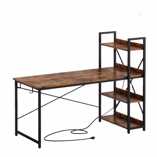 Hygrad Industrial 4 Tier Wooden Computer Desk with UK Sockets and USB Ports, Brown, W: 121.0 cm, D: 60.0 cm, H: 18.0 cm – 1
