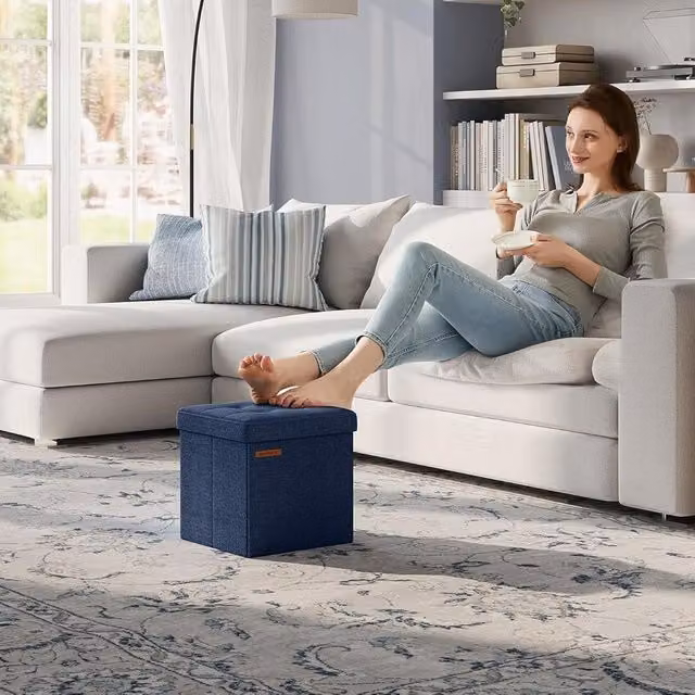 SONGMICS Small Foldable Storage Ottoman Foot Rest in Blue