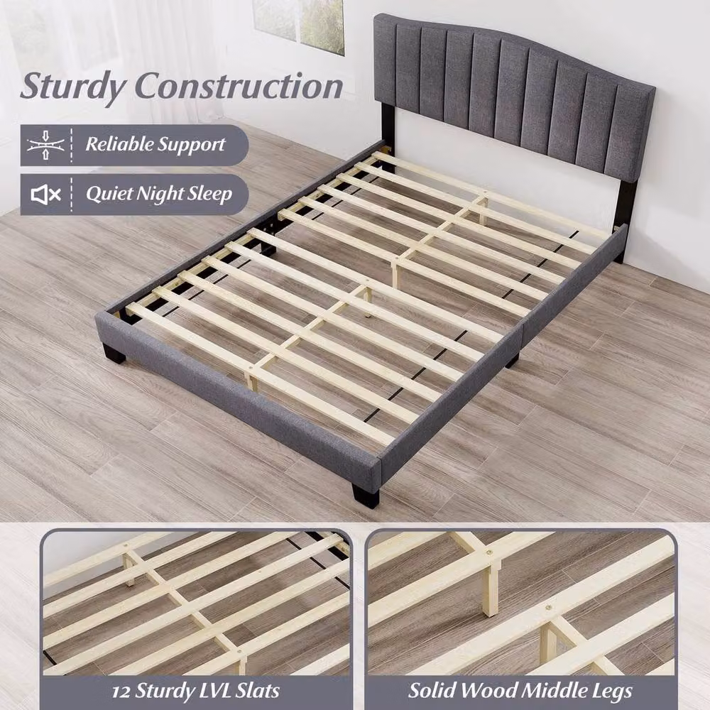 KORVIXA Modern Upholstered Double Platform Bed Frame in Grey, W/D/H: 140 x 200 cm – 5