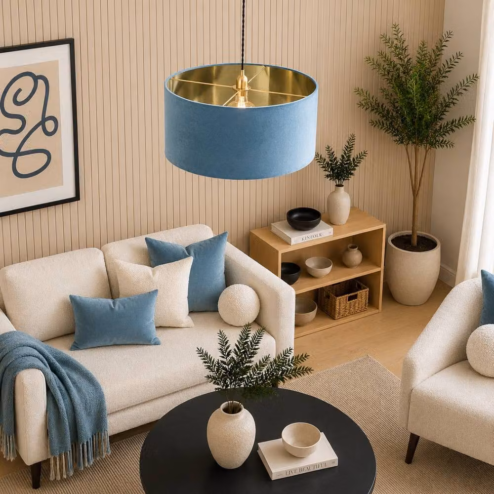 CGC Lighting Milano Oversized Large Cylinder Velvet Fabric Lamp Shade in Teal and Gold – 3