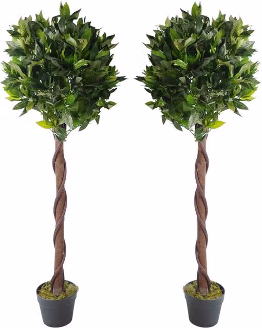 Leaf Pair of 120cm Artificial Topiary Bay Laurel Ball Trees in Green – 1