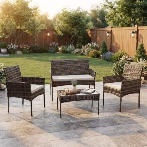 Alivio 4 Piece Rattan Furniture Set with Coffee Table, 2 Seater Sofa, Armchairs and Cushions, Grey and Black