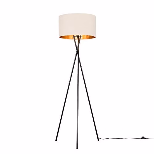 ValueLights Camden Black Metal Tripod Floor Lamp with Beige and Gold Fabric Cylinder Shade – 1