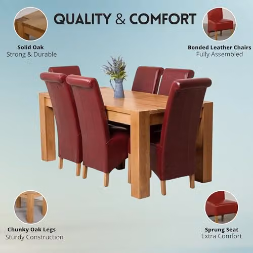 Thats Furniture Kuba Oak Dining Table and 6 Montana Leather Chairs Set, Burgundy Red, W/D/H: 180 x 90 x 78 cm – 2