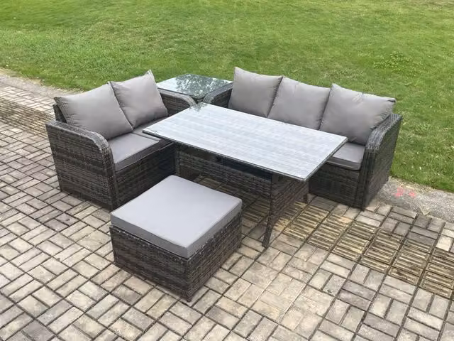 Fimous Dark Grey Wicker Rattan Outdoor Garden Patio Furniture Set with Rectangular Dining Table, Lounge Sofa, Side Table and Footstool