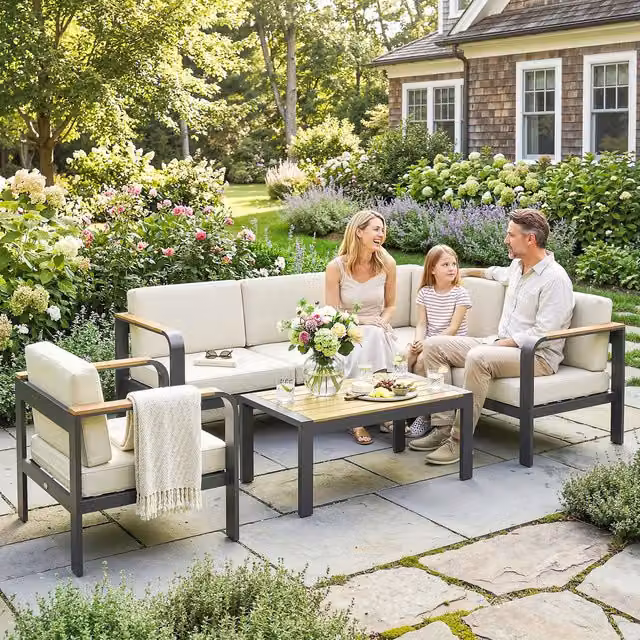 Outsunny Modern Garden Furniture Set with L-Shaped Sofa, Armchair and Table in Beige and Yellow