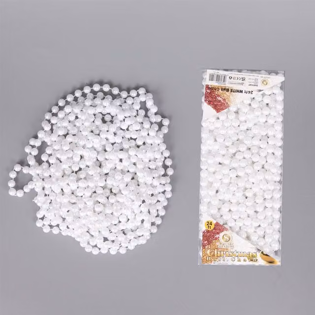 Shatchi White Shiny Christmas Bead Chain Metallic Pearl Garland for Tree Hanging Decorations, 7.2m