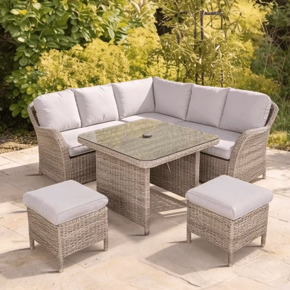Leisure Grow Matilda Compact Corner Lounge Dining Set in Beige and Grey Polyrattan with Glass Top