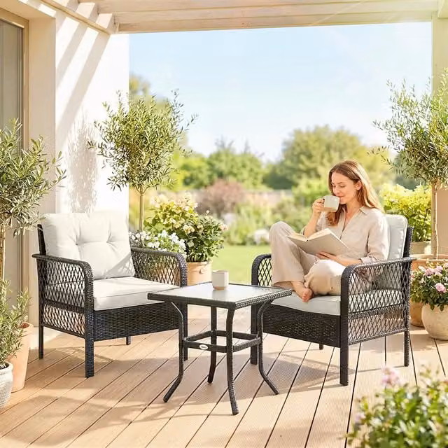 Outsunny 3 Piece Modern PE Rattan Bistro Set with Glass Table in Cream