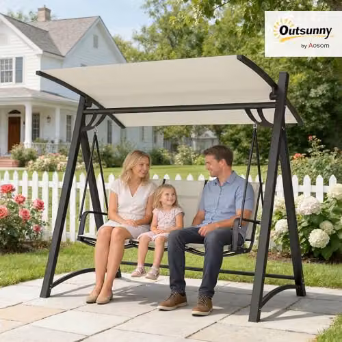 Outsunny 3 Seater Garden Swing Bench with UV-Resistant Sun Canopy in Beige and White – 2