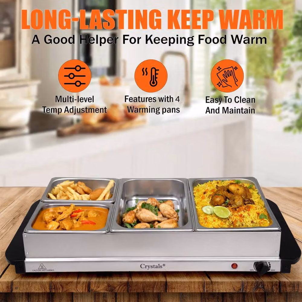 Crystals Electric Buffet Server with 4 Trays and Adjustable Temperature in Silver – 6
