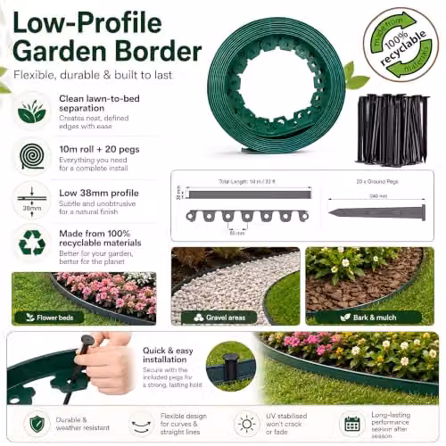 SolaDirect Flexible Plastic Garden Lawn Edging Border in Grey and Green with 20 Securing Pegs – 6