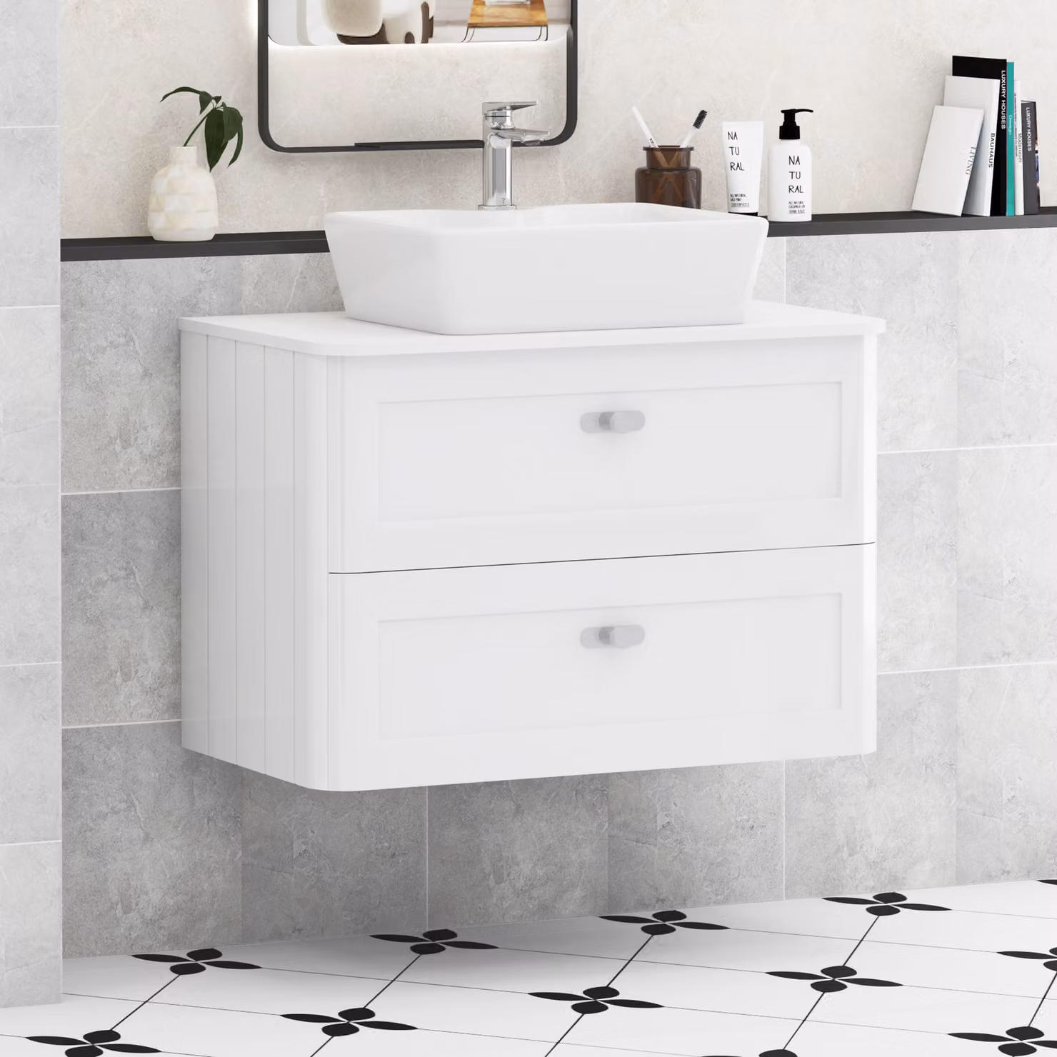 Royal Bathrooms Henley 800mm Gloss White Wall Hung Vanity Unit with 2 Drawers and Plain White Worktop