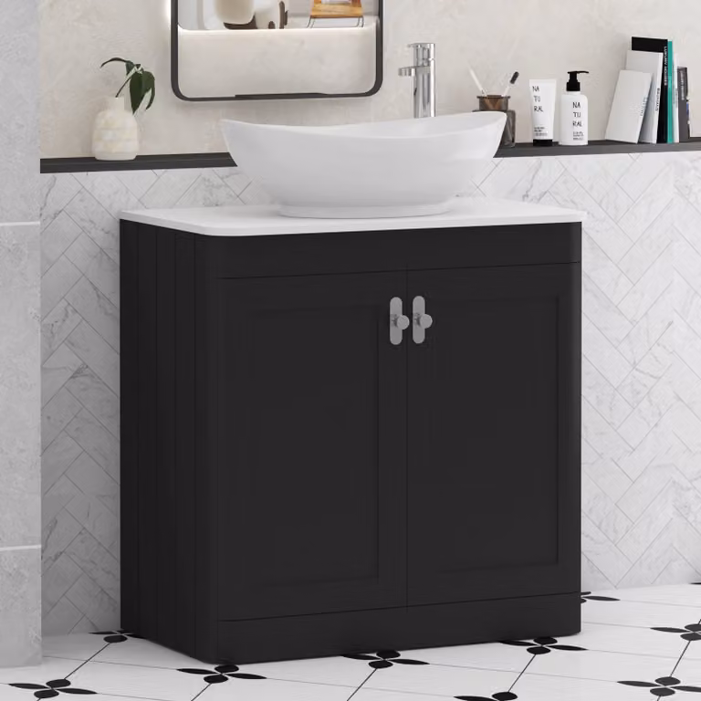 Royal Bathrooms Henley 800mm Matt Nocturne Black Floor Standing 2 Door Vanity Unit with Plain White Worktop, Amaze Basin and Chrome Knob