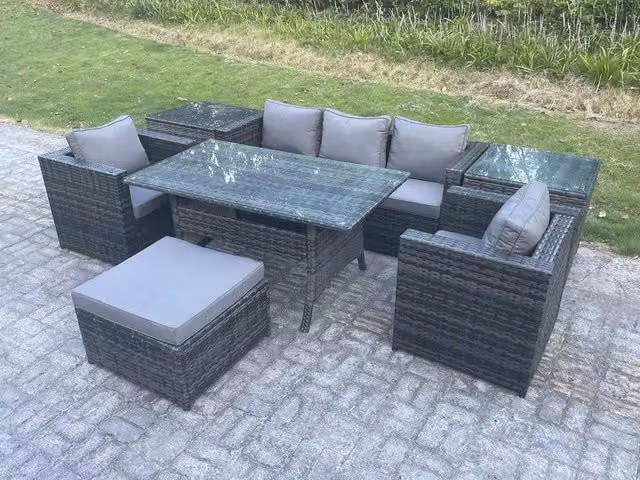 Fimous 6 Seater Rattan Garden Furniture Set in Dark Grey with Dining Table, Sofa, Chairs, Side Tables and Stool