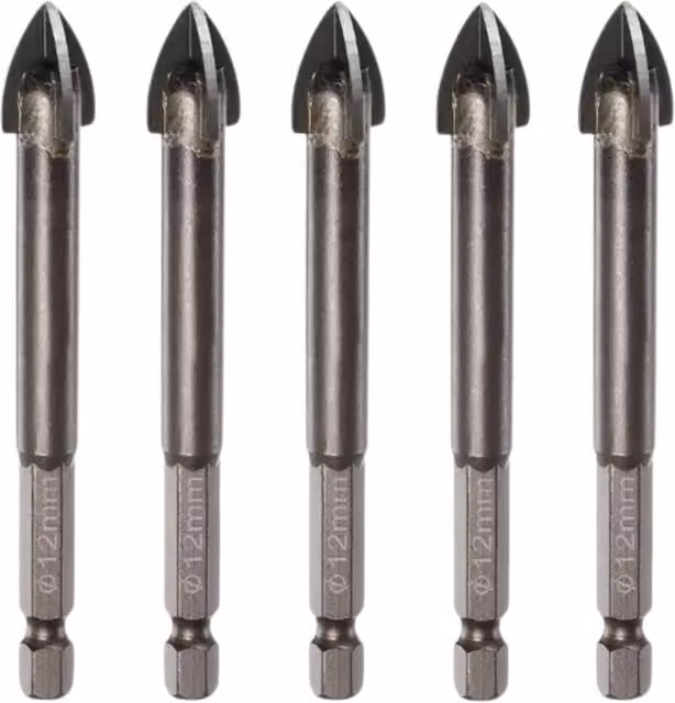 OKODOKO 5-Piece Titanium-Coated Carbide-Tipped Masonry Drill Bits with 1/4 inch Hex Shank, 12 mm, Silver