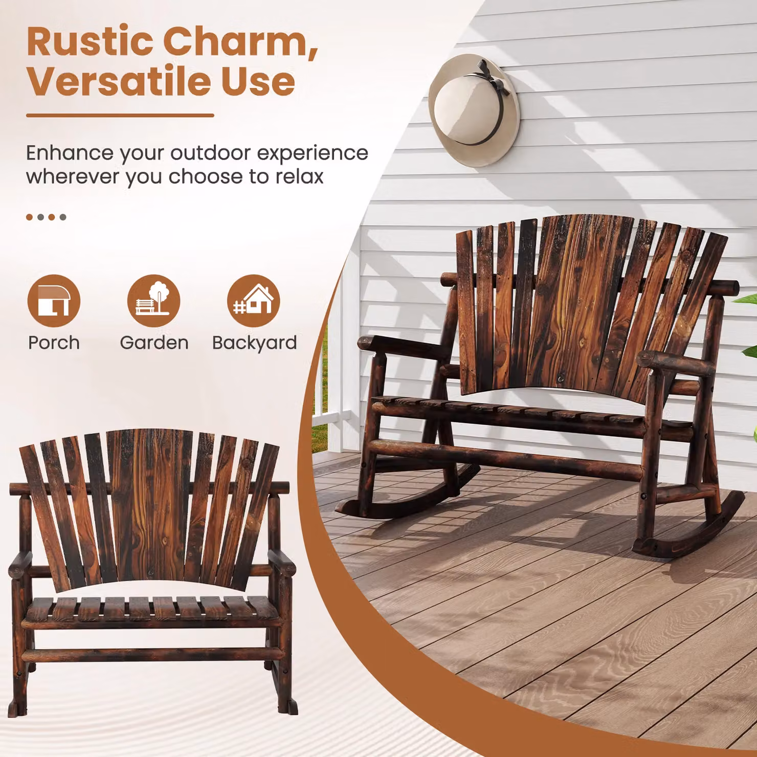 Costway 2-Person Adirondack Rocking Chair Loveseat in Brown Solid Wood for Garden, Balcony or Terrace – 7