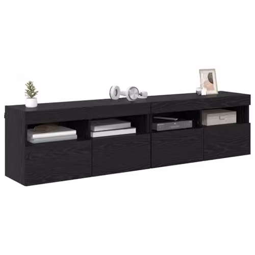 vidaXL Set of 2 Modern Wall-Mounted TV Cabinets in Black Oak Engineered Wood with Integrated Lighting and Internal Shelves