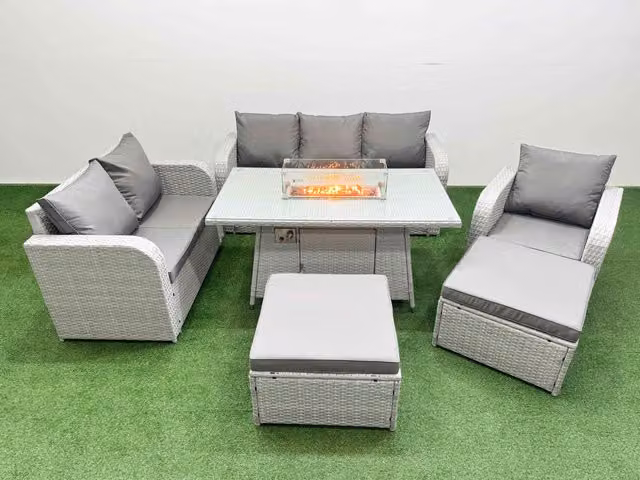 Fimous Patio 8 Seater Grey PE Wicker Rattan Outdoor Furniture Set with Firepit Dining Table, Reclining Chairs, Loveseat and 3 Seater Sofa