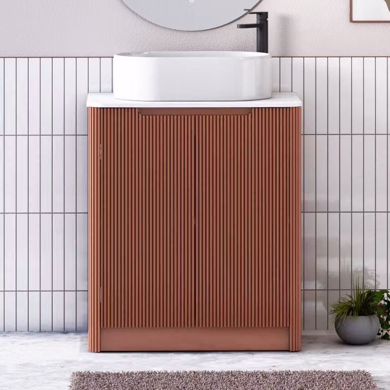 Royal Bathrooms Avenza 600mm Terracotta Clay Floor Standing 2 Door Vanity Unit with Plain White Worktop and Peak Basin