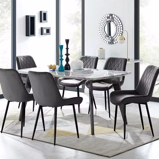FurnitureboxUK Andria White Marble Effect Rectangular Dining Table and 6 Pesaro Soft Velvet Upholstered Chairs Set