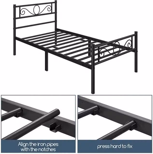 NESTLUNE Single Metal Bed Frame, Black Industrial Iron Platform Bed, W/D/H: 90 x 190 cm