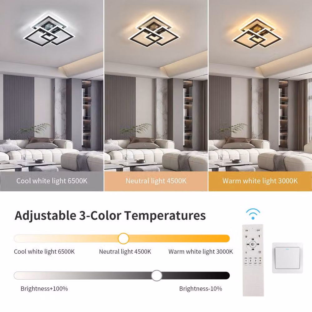 Pheashine Black Square Triple LED Ceiling Light, 40W Dimmable, 3000K-6500K, 47 cm – 2