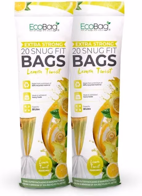 EcoBag White Lemon Scented Kitchen Drawstring Bin Liners, 30L, 40 Pack – 1