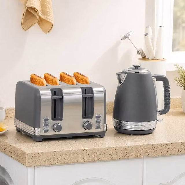 STILVORA Kettle and 4 Slice Toaster Set in Grey and Silver Stainless Steel, 1.7L, 3000W – 1
