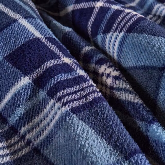 OHS Navy Blue Tartan Check Teddy Duvet Cover Set, W: 200 cm x H: 200 cm