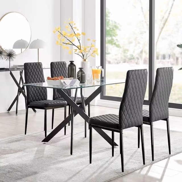 FurnitureboxUK Leonardo Black Leg Glass Dining Table and Four Milan Black Leg Chairs Set - Black and Transparent