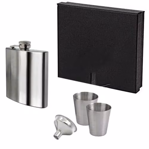 KAV Silver Stainless Steel 8oz Hip Flask Set with Gift Box, Funnel and 2 Shot Cups – 1