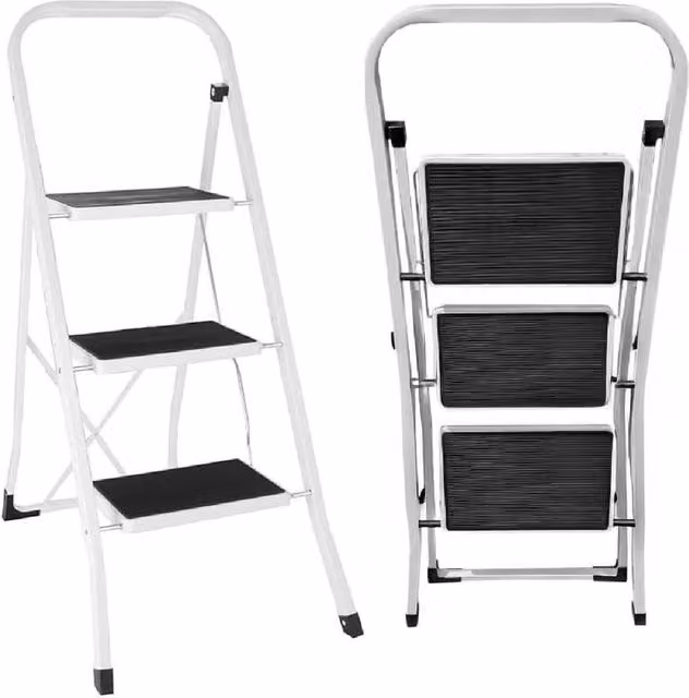 BARGAINS-GALORE 3 Step Foldable Steel Stepladder with Non-Slip Treads in White – 1