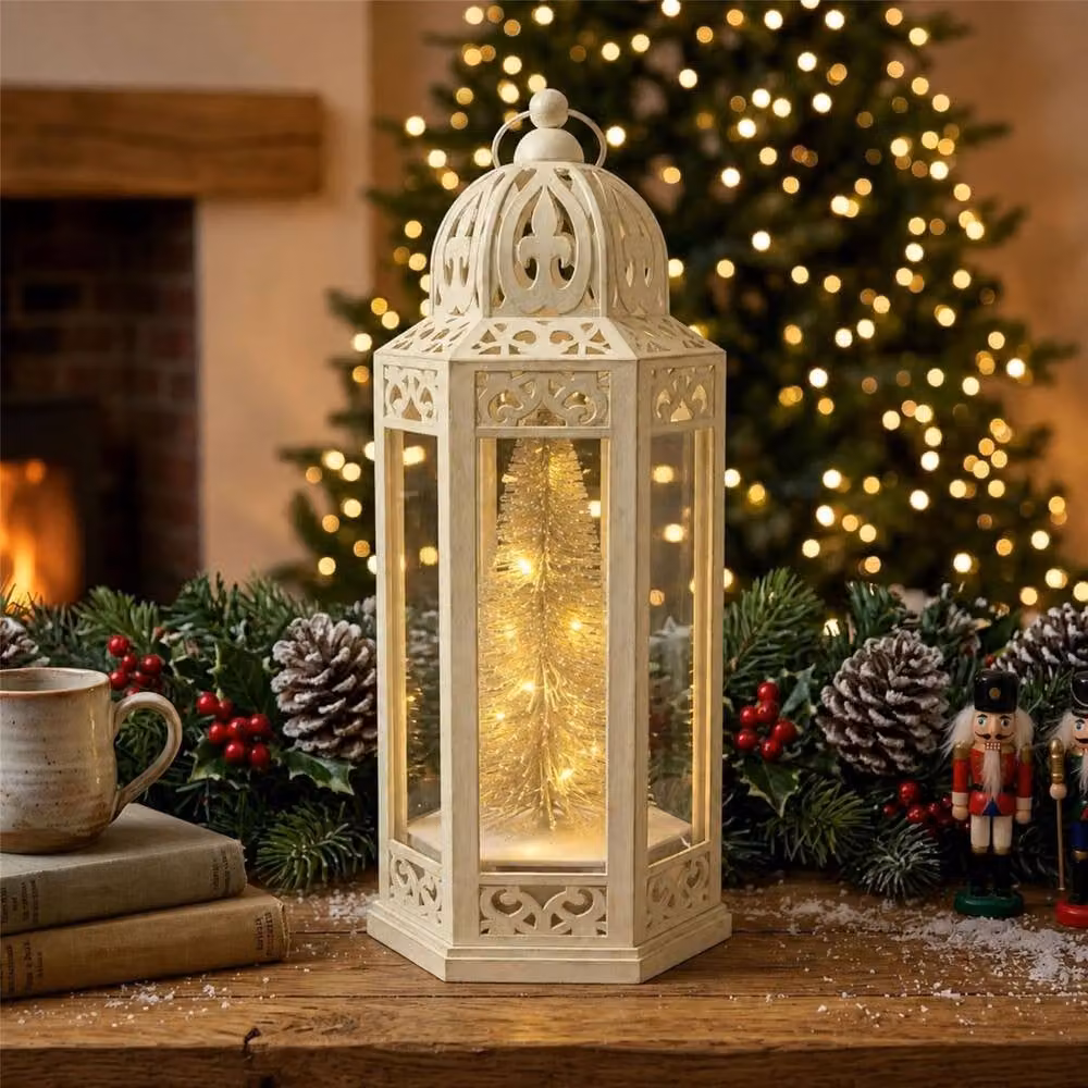 Shatchi Gold Battery Operated LED Christmas Lantern, Vintage Hexagonal Tabletop Design, Height: 30 cm – 2