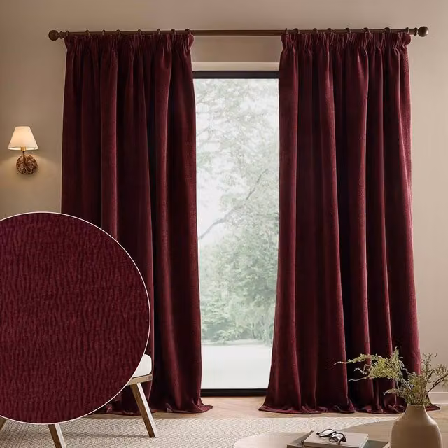 Yard Heath Washed Velvet Pencil Pleat Curtain Pair in Red, Width: 229 cm, Drop: 229 cm