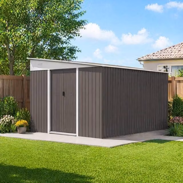 STILVORA Grey Galvanised Steel Pent Garden Shed with Double Sliding Doors W/D/H: 330 x 268 x 201 cm – 1