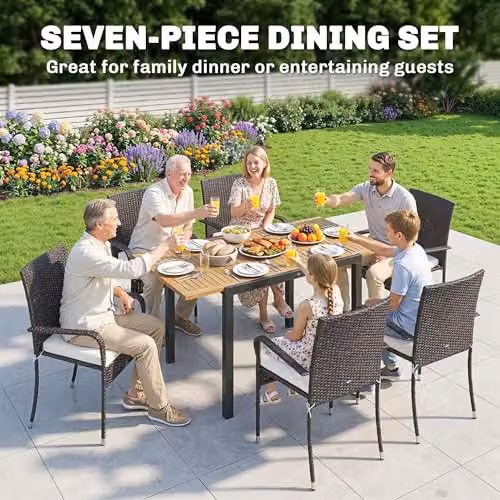 Outsunny 7 Piece Rattan Garden Furniture Set in White and Beige with Acacia Wood and Metal Frame, W/D/H: 150 x 80 x 76 cm – 3