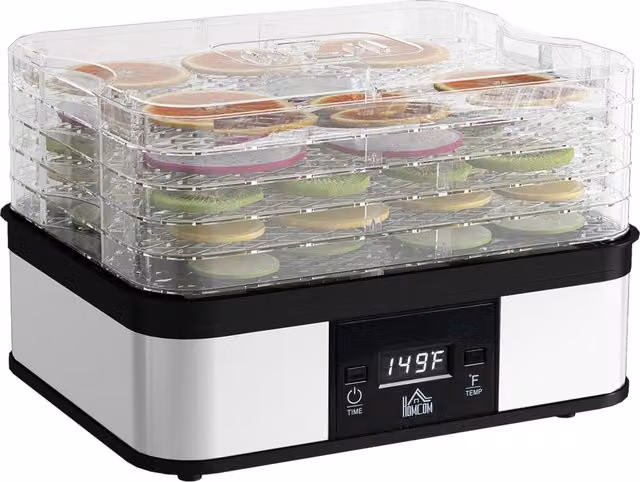 HOMCOM 5 Tier Food Dehydrator, 245W Stainless Steel Food Dryer Machine with Adjustable Temperature, Timer and LCD Display, Silver